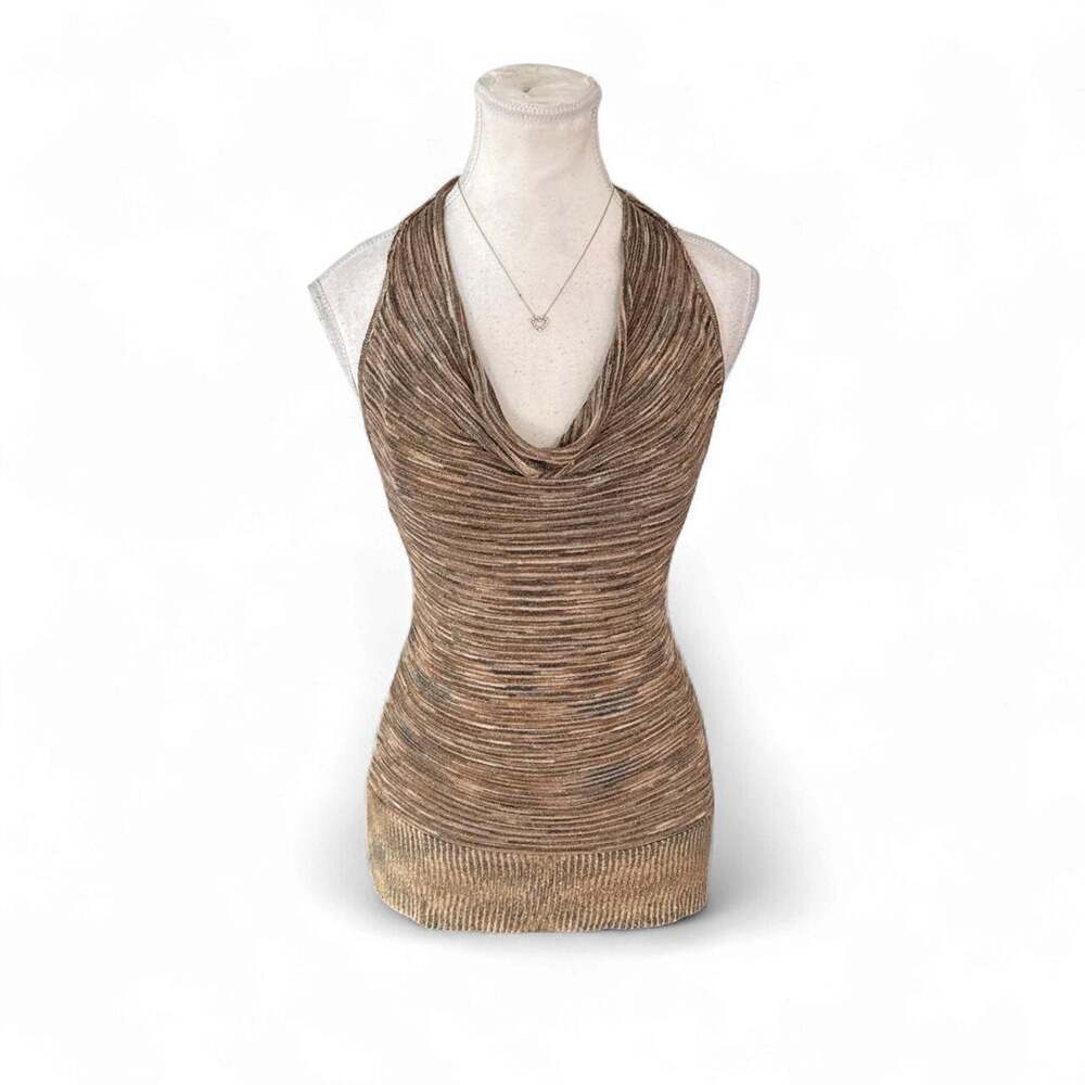 Cache gold & brown striped silk, halter top in size M sexy top